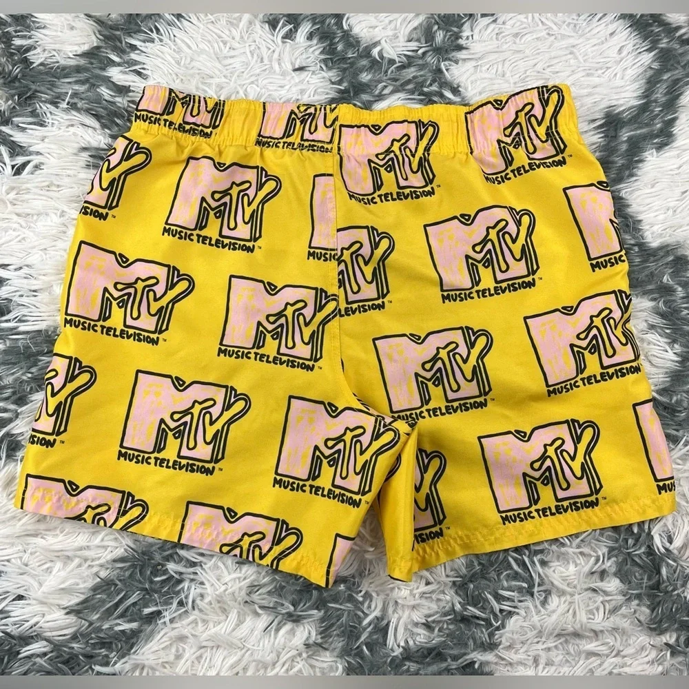 MTV Men's Yellow Pink Swim Trunks Logo Print Size Medium No Lining